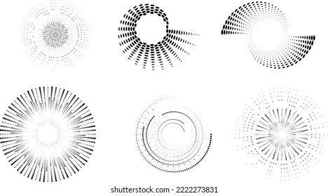 Design elements with circular halftone dots. Vector rotating dotted circles design . Half tones collection . Concentric circles for posters, social media, promotion,  flyer, covers .Dotted frames