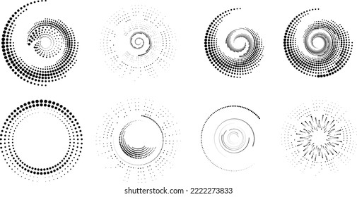 Design elements with circular halftone dots. Vector rotating dotted circles design . Half tones collection . Concentric circles for posters, social media, promotion,  flyer, covers .Dotted frames