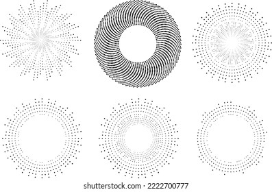 Design elements with circular halftone dots. Vector rotating dotted circles design . Half tones collection . Concentric circles for posters, social media, promotion,  flyer, covers .Dotted frames