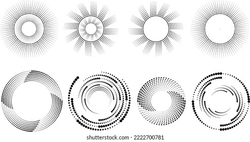 Design elements with circular halftone dots. Vector rotating dotted circles design . Half tones collection . Concentric circles for posters, social media, promotion,  flyer, covers .Dotted frames