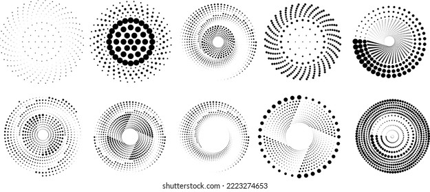 Design elements with circular halftone dots. Vector rotating dotted circles design . Half tones collection . Concentric circles for posters, social media, promotion,  flyer, covers .Dotted frames svg