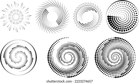 Design elements with circular halftone dots. Vector rotating dotted circles design . Half tones collection . Concentric circles for posters, social media, promotion,  flyer, covers .Dotted frames