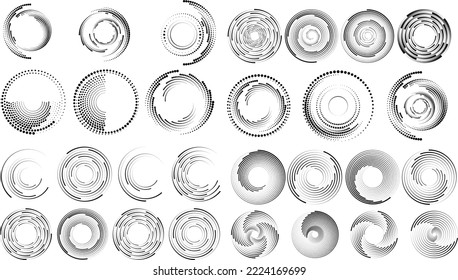 Design elements with circular halftone dots. Vector rotating dotted circles design . Half tones collection . Concentric circles for posters, social media, promotion,  flyer, covers .Dotted frames