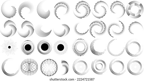 Design elements with circular halftone dots. Vector rotating dotted circles design . Half tones collection . Concentric circles for posters, social media, promotion,  flyer, covers .Dotted frames