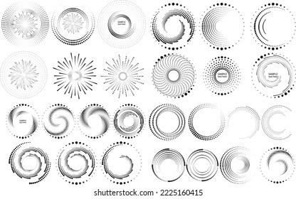 Design elements with circular halftone dots. Vector rotating dotted circles design . Half tones collection . Concentric circles for posters, social media, promotion,  flyer, covers .Dotted frames