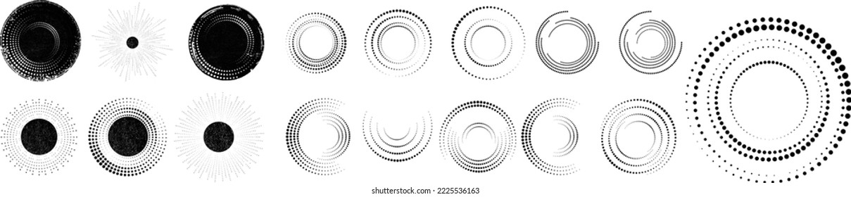 Design elements with circular halftone dots. Vector rotating dotted circles design . Half tones collection . Concentric circles for posters, social media, promotion,  flyer, covers .Dotted frames