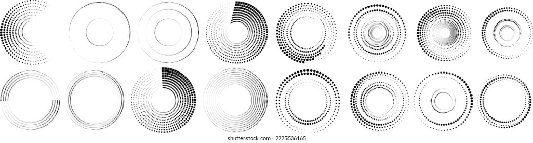 Design elements with circular halftone dots. Vector rotating dotted circles design . Half tones collection . Concentric circles for posters, social media, promotion,  flyer, covers .Dotted frames