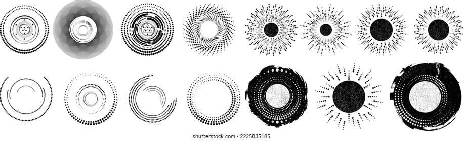 Design elements with circular halftone dots. Vector rotating dotted circles design . Half tones collection . Concentric circles for posters, social media, promotion,  flyer, covers .Dotted frames