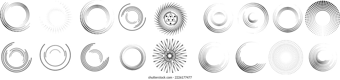 Diseñar elementos con puntos de semitono circulares. Diseño de círculos punteados giratorios. Colección de tonos medios. Círculos concéntricos para afiches, medios sociales, promoción, volante, portadas .Marcos punteados