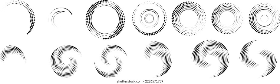 Design elements with circular halftone dots. Vector rotating dotted circles design . Half tones collection . Concentric circles for posters, social media, promotion,  flyer, covers .Dotted frames