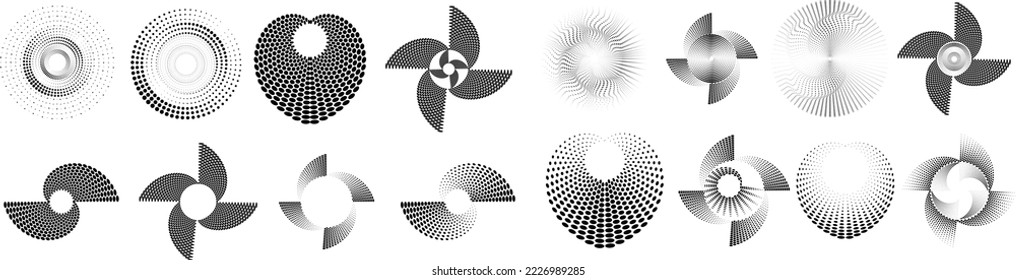 Design elements with circular halftone dots. Vector rotating dotted circles design . Half tones collection . Concentric circles for posters, social media, promotion,  flyer, covers .Dotted frames