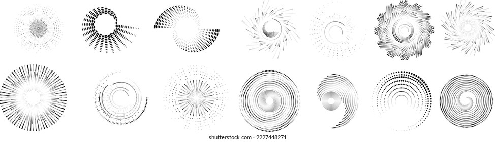 Design elements with circular halftone dots. Vector rotating dotted circles design . Half tones collection . Concentric circles for posters, social media, promotion,  flyer, covers .Dotted frames