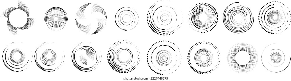 Design elements with circular halftone dots. Vector rotating dotted circles design . Half tones collection . Concentric circles for posters, social media, promotion,  flyer, covers .Dotted frames