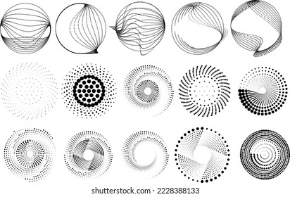 Design elements with circular halftone dots. Vector rotating dotted circles design . Half tones collection . Concentric circles for posters, social media, promotion,  flyer, covers .Dotted frames
