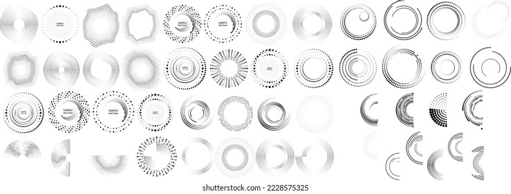 Design elements with circular halftone dots. Vector rotating dotted circles design . Half tones collection . Concentric circles for posters, social media, promotion,  flyer, covers .Dotted frames