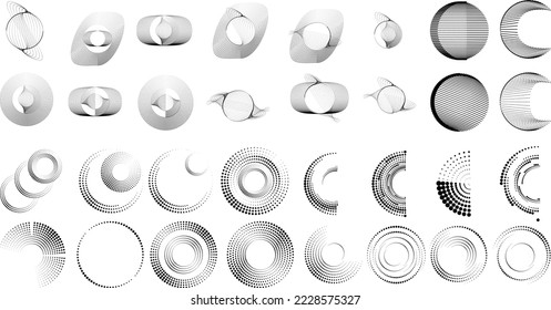 Design elements with circular halftone dots. Vector rotating dotted circles design . Half tones collection . Concentric circles for posters, social media, promotion,  flyer, covers .Dotted frames