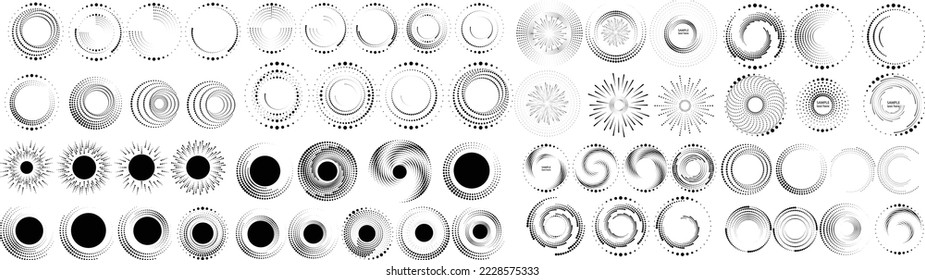 Design elements with circular halftone dots. Vector rotating dotted circles design . Half tones collection . Concentric circles for posters, social media, promotion,  flyer, covers .Dotted frames