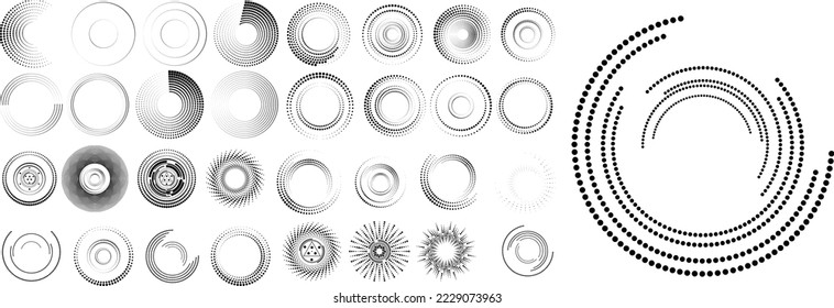 Design elements with circular halftone dots. Vector rotating dotted circles design . Half tones collection . Concentric circles for posters, social media, promotion,  flyer, covers .Dotted frames