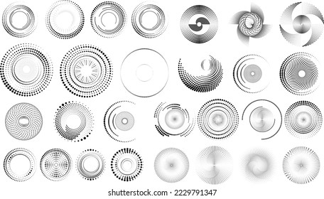 Design elements with circular halftone dots. Vector rotating dotted circles design . Half tones collection . Concentric circles for posters, social media, promotion,  flyer, covers .Dotted frames