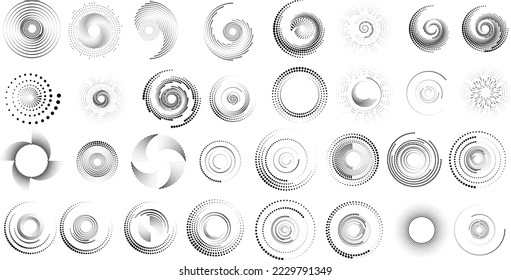Design elements with circular halftone dots. Vector rotating dotted circles design . Half tones collection . Concentric circles for posters, social media, promotion,  flyer, covers .Dotted frames