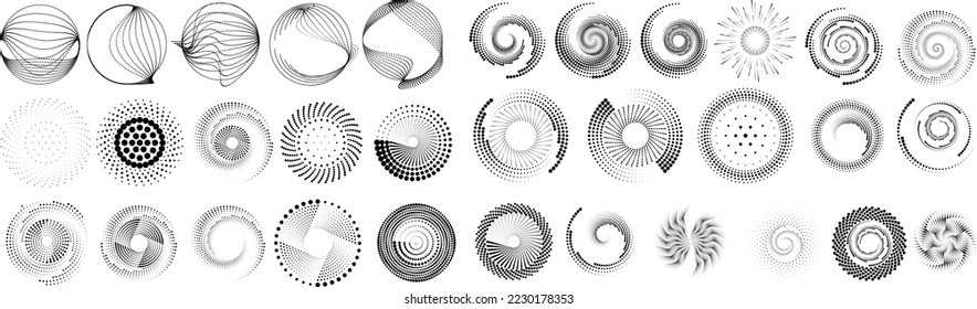Design elements with circular halftone dots. Vector rotating dotted circles design . Half tones collection . Concentric circles for posters, social media, promotion,  flyer, covers .Dotted frames