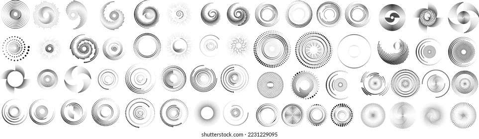 Design elements with circular halftone dots. Vector rotating dotted circles design . Half tones collection . Concentric circles for posters, social media, promotion,  flyer, covers .Dotted frames