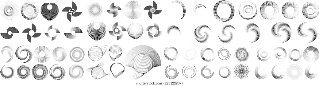 Design elements with circular halftone dots. Vector rotating dotted circles design . Half tones collection . Concentric circles for posters, social media, promotion,  flyer, covers .Dotted frames