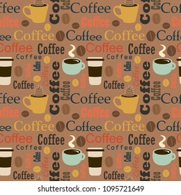  design elements for coffee house. Corporate identity for the cafe menu, business cards and coasters for drinks with inscriptions .Seamless texture. Coffee background. Vector illustration. Eps 10.