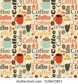  design elements for coffee house. Corporate identity for the cafe menu, business cards and coasters for drinks with inscriptions .Seamless texture. Coffee background. Vector illustration. Eps 10.