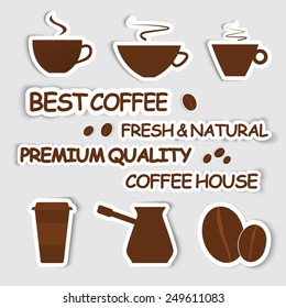 Design elements for coffee shops and cafes. Set of stickers. Vector illustration