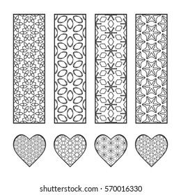 Design elements collection. Decorative line borders and matching hearts set, geometric lace trendy linear patterns. Isolated black on a white background. Decor for cards, bookmarks, banners