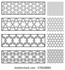 Design elements collection. Decorative line borders and matching hexagonal seamless patterns, geometric lace trendy linear backgrounds. Isolated black on a white. Decor for cards, bookmarks, banners