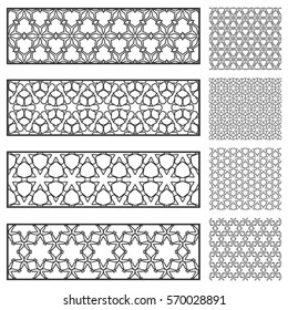 Design elements collection. Decorative line borders and matching hexagonal seamless patterns, geometric lace trendy linear backgrounds. Isolated black on a white. Decor for cards, bookmarks, banners