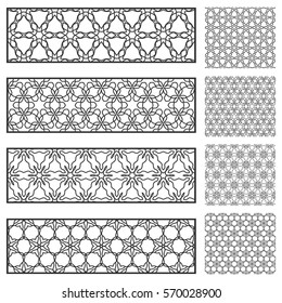 Design elements collection. Decorative line borders and matching hexagonal seamless patterns, geometric lace trendy linear backgrounds. Isolated black on a white. Decor for cards, bookmarks, banners