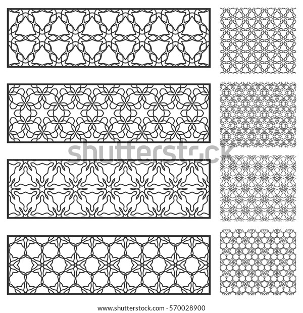 Design elements collection. Decorative line\
borders and matching hexagonal seamless patterns, geometric lace\
trendy linear backgrounds. Isolated black on a white. Decor for\
cards, bookmarks,\
banners