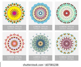 Design elements collection, round mandala ornaments. Vector stylized flowers, floral patterns. Circular logo for boutique, shop, business, interior, company symbol, emblem. Colorful geometric shapes