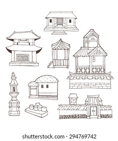 
Design elements and collection in vintage style with Korean traditional architecture called Han-ok. A variety of houses, palace, city wall, ramparts and tower