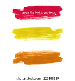 Design elements - colored acrylic paint brush marks. Vector illustration - red, yellow, orange.