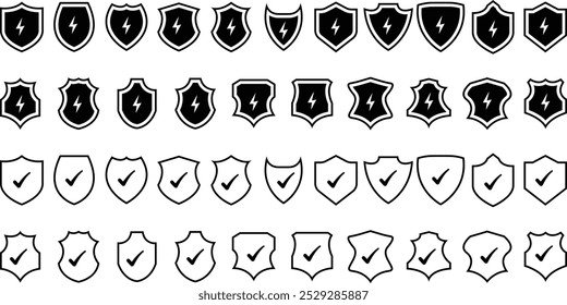 Design elements for concept of safety and protection. Security shield symbols. Police badge shape. Black security shield. Different Collection of security shield icons. Shield icons set.