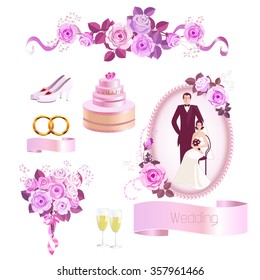 Design elements for creating wedding invitations. Set of wedding accessories.