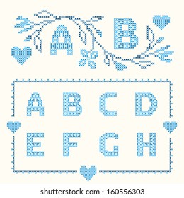 Design elements for cross-stitch embroidery. Blue colors, vector illustration. Floral branch and two letters. Letters A-H.