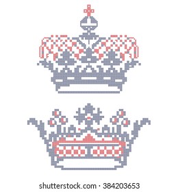 Design elements for cross-stitch embroidery. Crowns. Vector illustration.