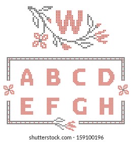 Design elements for cross-stitch embroidery. Red and black, vector illustration. Floral frame for one letter and letters A-H.