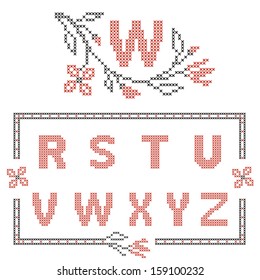 Design elements for cross-stitch embroidery. Red and black, vector illustration. Floral frame for letter. Letters R-Z.