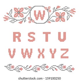 Design elements for cross-stitch embroidery. Red and black, vector illustration. Floral frame for letter. Letters R-Z.