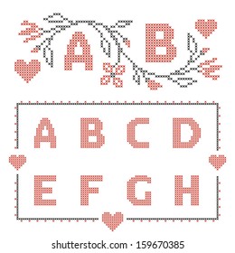 Design elements for cross-stitch embroidery. Red and green, vector illustration. Floral frame for one letter and letters A-H.