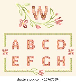 Design elements for cross-stitch embroidery. Red and green, vector illustration. Floral frame for one letter and letters A-H.