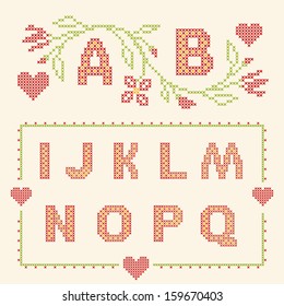 Design elements for cross-stitch embroidery. Red and green, vector illustration. Floral frame for one letter and letters I-Q.