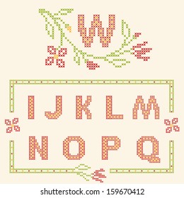 Design elements for cross-stitch embroidery. Red and green, vector illustration. Floral frame for one letter and letters I-Q.