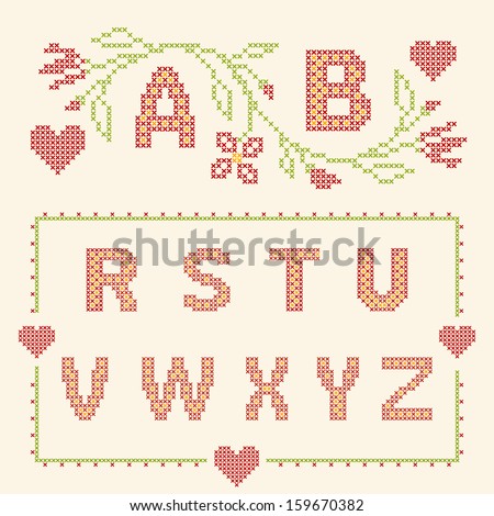Design elements for cross-stitch embroidery. Red and green, vector illustration. Floral frame for one letter and letters R-Z.